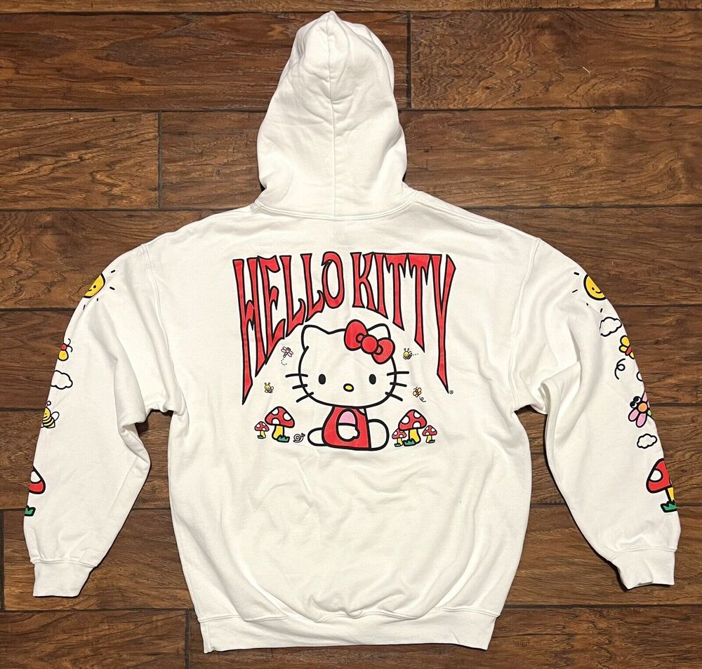 Hello Kitty Hoodie Sz L LARGE Mushrooms Butterfly Bees Snail Unisex Womens Mens